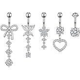 Belly Button Ring Navel Dangle Belly Piercing Jewelry Cute Pink CZ Heart Butterfly Bow Flower Navel Belly Rings for Women 14G Silver Stainless Steel Dainty Dangling Belly Button Piercing