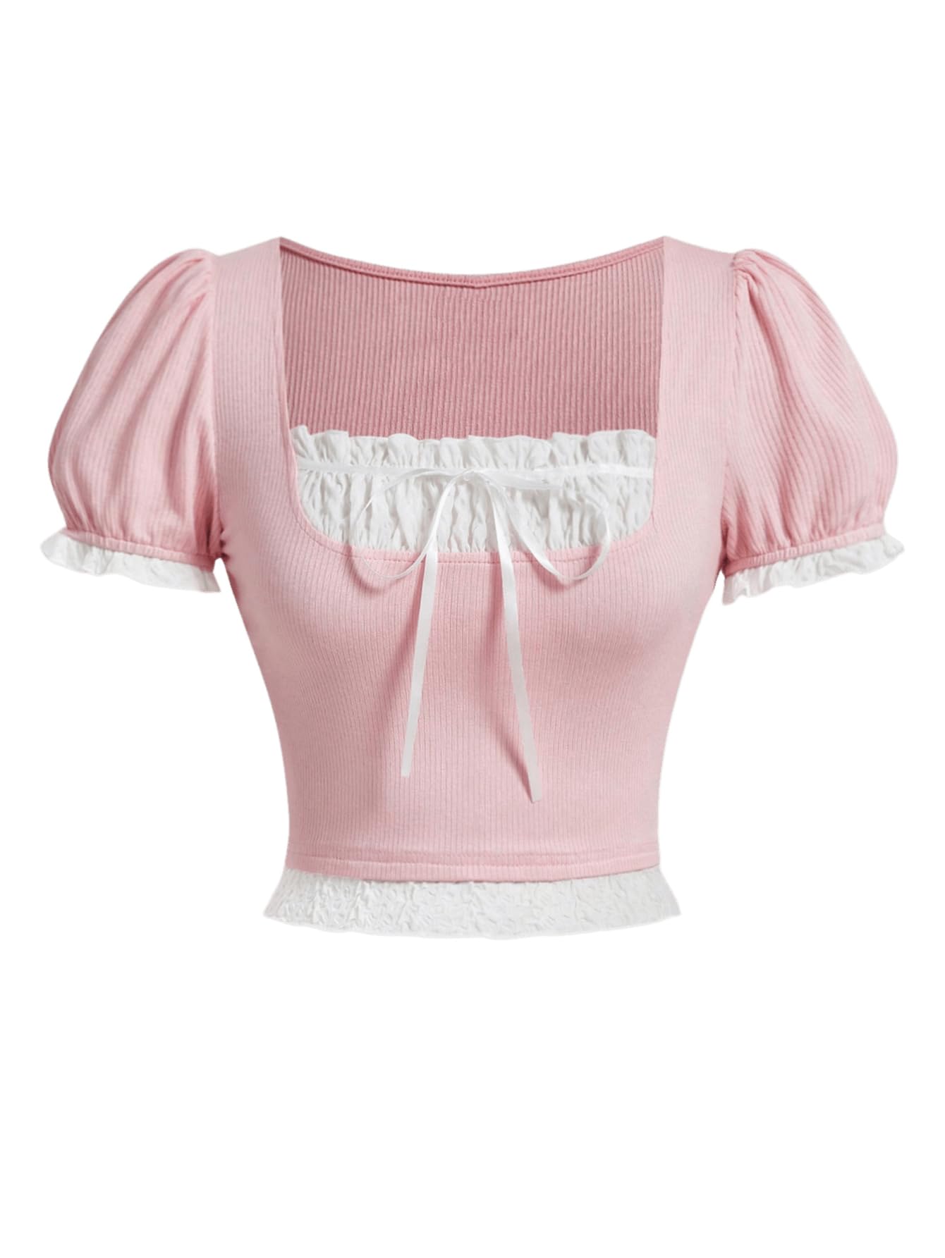 Photo 1 of MakeMeChic Women's Lace Bow Front Puff Sleeve Tee Square Neck Cute Crop Tops Pink Medium