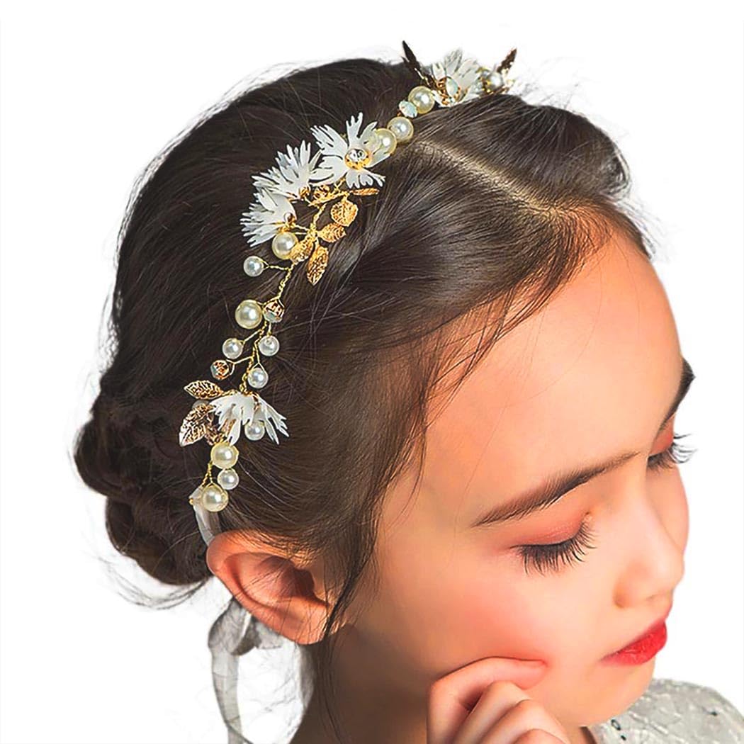 IYOU Flower Girl Headband Gold Flower Headpiece Pearl Wedding Holy Communion Hair Accessories for Girls