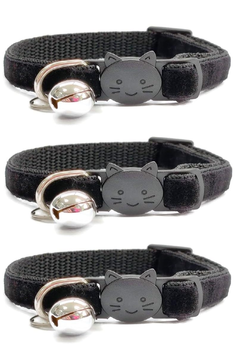 Velvet Cat Collars with Bell. Safe Breakaway Quick Release Buckle. Available in Cat & Kitten Size (Pack of 3) (Kitten Collar (15cm - 23cm), Black Velvet (Pack of 3))