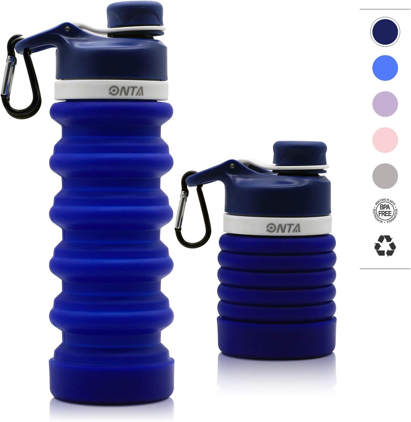 ONTA Collapsible Water Bottle- BPA Free Silicone Foldable Water Bottle for Travel FDA Approved Food-Grade Silicone Portable Leak-Proof Travel Water Bottle