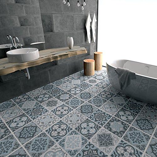 KKYLOVEJ 3D Blue & Grey Mediterranean Pattern Floor Stickers Eco-friendly Peel & Stick Wall Sticker Creative Simulation Ceramic tile Mural for Kitchen Entrance Floor Decorative Skid-proof Wear-resisting , 1 sets , 60x120cm