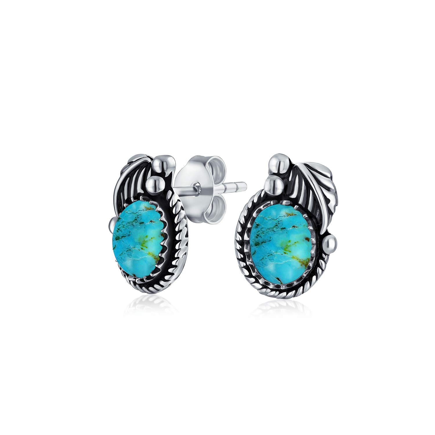Native American Style Stabilized Turquoise Gemstone Oval Bezel Leaf Rope Edged Stud Earrings Western Jewelry For Women Oxidized .925 Sterling Silver — image 1