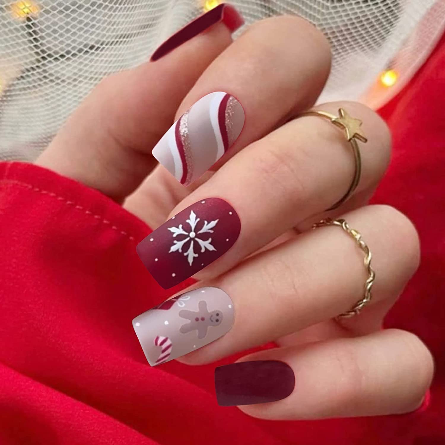 Christmas Press on Nails Short Red Square Fake Nails Winter Snowflake Acrylic False Nails with Design Swirl Matte Full Cover Artificial Glue on Nails Winter Nail Decorations for Women Girls - Image 5