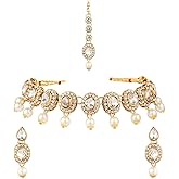 Efulgenz Crystal Indian Jewelry Choker Kundan Crystal Faux Pearl Necklace Earrings Maang Tikka Head Chain Bollywood Wedding Bridal Set for Women