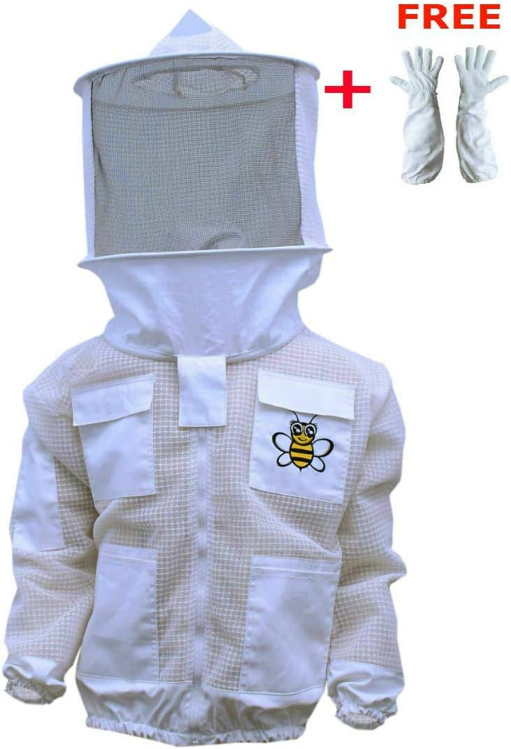 Bee Suits 3 Layer safety Unisex White Fabric Mesh Beekeeping Jacket Beekeeping Veil Bee Protective Clothing Beekeeping Protective Ventilated Bee Round Veil (S)