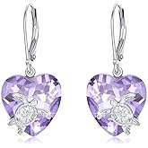 Turtle Earrings for Women Sister 925 Sterling Silver Sea Turtle Dangle Drop Leverback Earrings with Heart Shaped Purple Crystal Animal Ocean Beach Jewelry Gifts for Turtle Lover