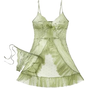 SEGT Women's 2 Piece Lace Sheer Lingerie Mesh Ruffle Nightgown Polka Dot Dress Set with Thong