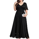 TIARALY Plus Size Formal Lace Dress Maxi V Neck A-line Chiffon Wedding Guest Prom Evening Gown Gala Elegant Black Tie