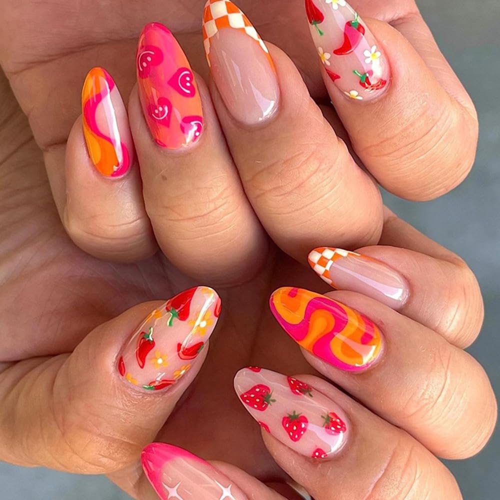 24 Pcs Press on Almond Medium French Tip Acrylic Fake Nails with Fruit Colorful Swirl Patterns Designs Full Cover Reusable False Nails Set for Women Glue on Stick on Nail Art