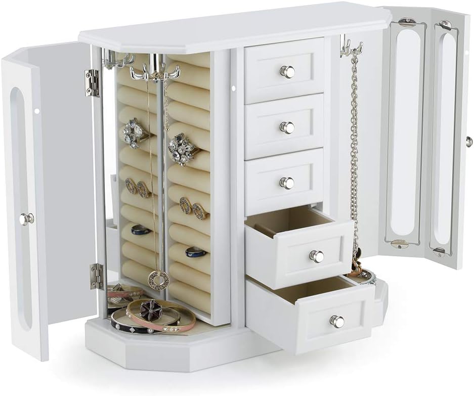 RR ROUND RICH DESIGN Jewelry Box - Made of Solid Wood with Cabinet Type 5 Drawers Organizer and 2 Separated Open Doors on 2 Sides and Large Mirror White: Home & Kitchen