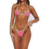 Roevite Sexy Thong Bikini Set for Women Triangle Two Piece Swimsuit Color Block Swimwear Bathing Suit