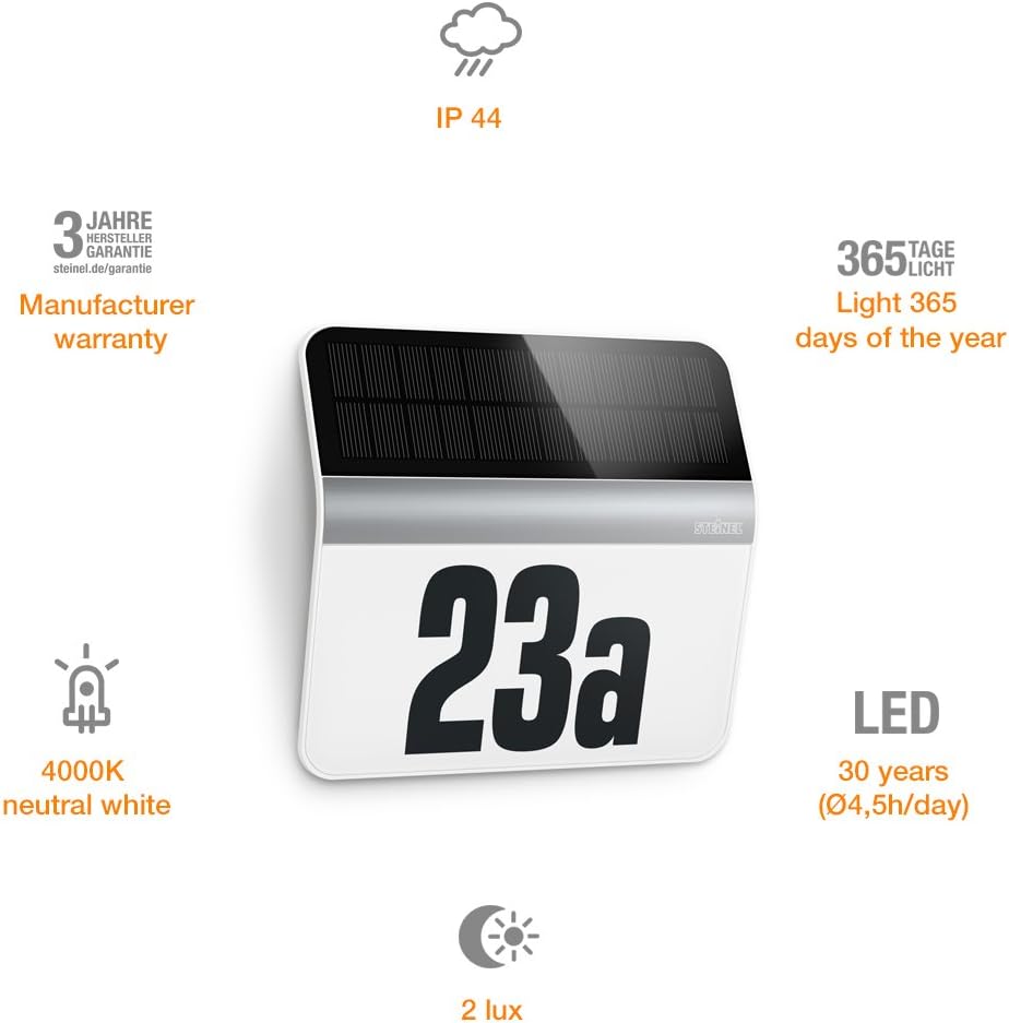 Steinel Solar House Number Light XSolar LH-N, Stainless Steel, Outdoor Solar Light, LED Wall Light, Including Street numbers and Letters - Image 4