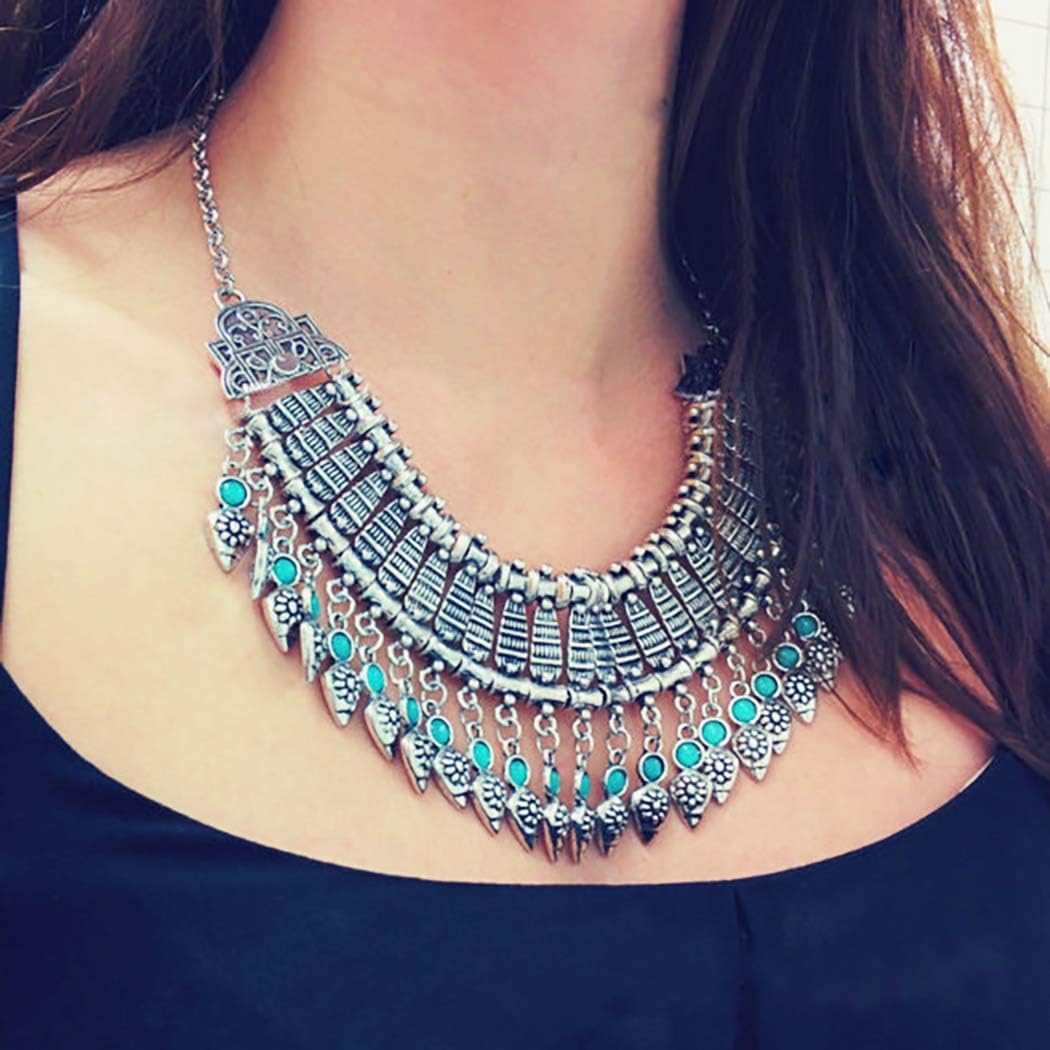 Sethexy Boho Turquoise Pendant Necklace Silver Carving Tassel Vintage Necklaces Jewelry Accessories for Women and Girls
