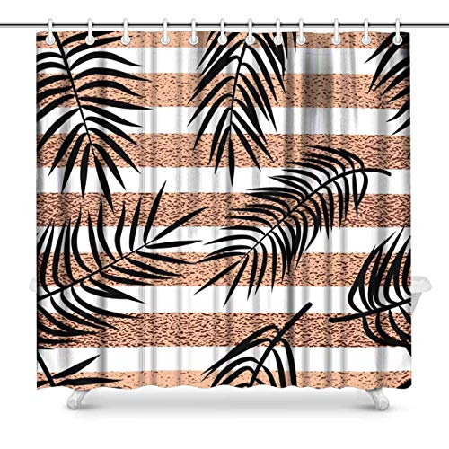 Tropical Palm Leaves on Rose Gold Stripes Bathroom Decor Shower Curtain Set with Hooks, 72 Inches Long