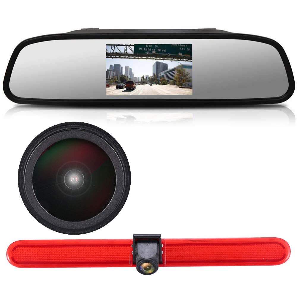 〔18mm Lens Camera + 4.3'' Rearview Mirror〕Car HD waterproof 3rd Brake Light Reverse Camera Kit for T5 Multivan Caravelle Hochdach/T6 mit Hochdach/T5 Camper/Lupo 6X/Seat Arosa