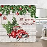Merry Christmas Shower Curtains, Colorful Christmas Balls with Pine Fir Tree, Polyester Fabric Red Retro Truck Car with Snowflake Xmas Tree on Rustic Wood Shower Curtain, Bathroom Accessory Sets, 70in