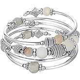 PEARL&CLUB Beaded Chakra Bangle Turquoise Bracelet - Fashion Jewelry Wrap Bracelet with Thick Silver Metal and Mala Beads, Birthday Gifts For Women