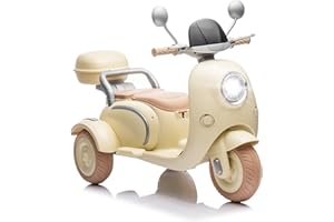 OKYBABY 2025 Upgrade 2 Seats Kids Motorcycle with 2 Motors, 12V Ride On Electric Car, 3 Wheels Motorbike with USB, Bluetooth, Light, Storage Box, 2 * 30W Motorcycle for Kids Aged 3+, Beige