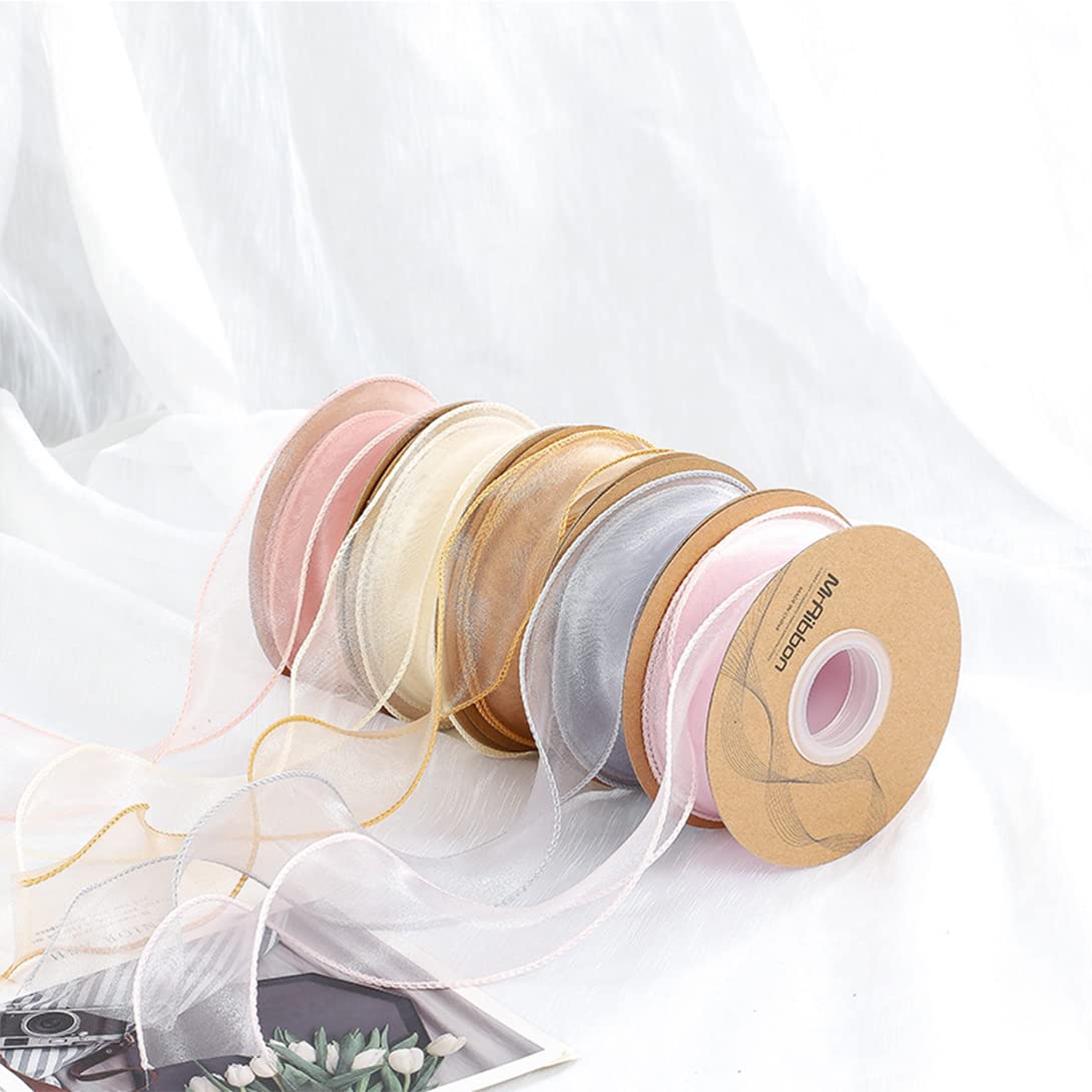 Koonafy 5 Rolls Organza Ribbons, Sheer Chiffon Ribbon, Fishtail Ribbon for Gift Wrapping, Sheer Ribbon for Craft Wrapping Gift Bows Sewing Wedding Party Decorations