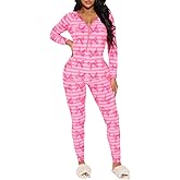 VFURYGD Women Heart Print Pajamas Jumpsuit Deep V-Neck Butt Flap Rompers One Piece Sleepwear Clubwear Nightwear