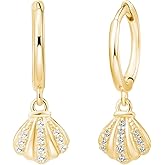 Dainty Shell Dangle Hoop Earrings for Women, Small Huggie Hoops with Charm Dolphin Conch Seashell, Hypoallergenic Summer Beach Jewelry for Her