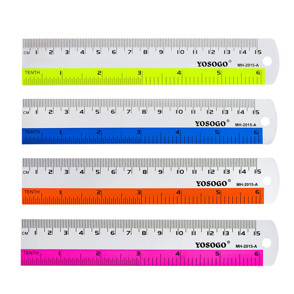 Yosogo Aluminium 6 Inch Ruler, Assorted Color, Pack of 6, Dual Scale in Inch and cm with Hanging Hole, Ideal for School, Office and Construction Use