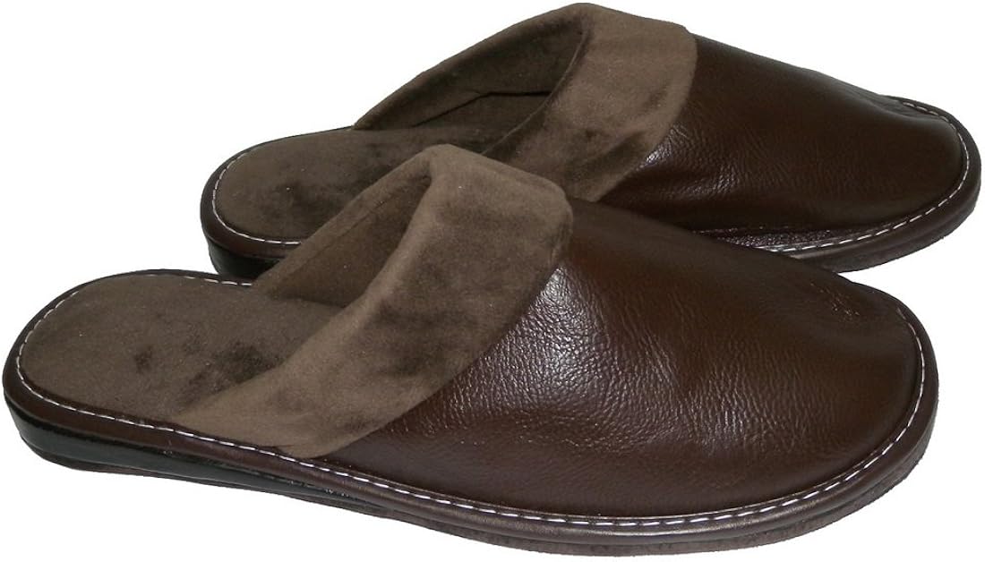 Mens Open Back Lounge / House Slippers with Leather Toe and Suede Sole Coffee