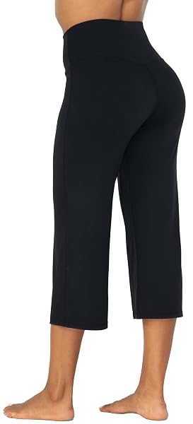 SUNZEL YOGA PANTS FOR WOMEN STRAIGHT WIDE LEG CAPRIS HIGH WAISTED LOUNGE CROP PANTS (23″ INSEAM, BLACK, L)
