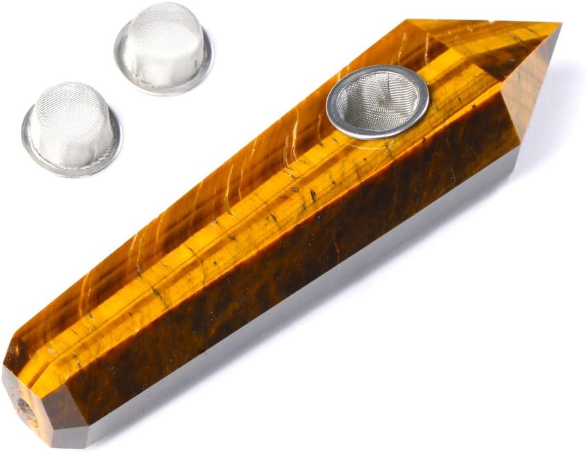 Primemory Six Prismatic Natural Tigereye Crystal Pipe with 2pcs Metal Filter and One Brush, Smoking Pipes, Pipe for Tobacco About 4-4.5 Inches