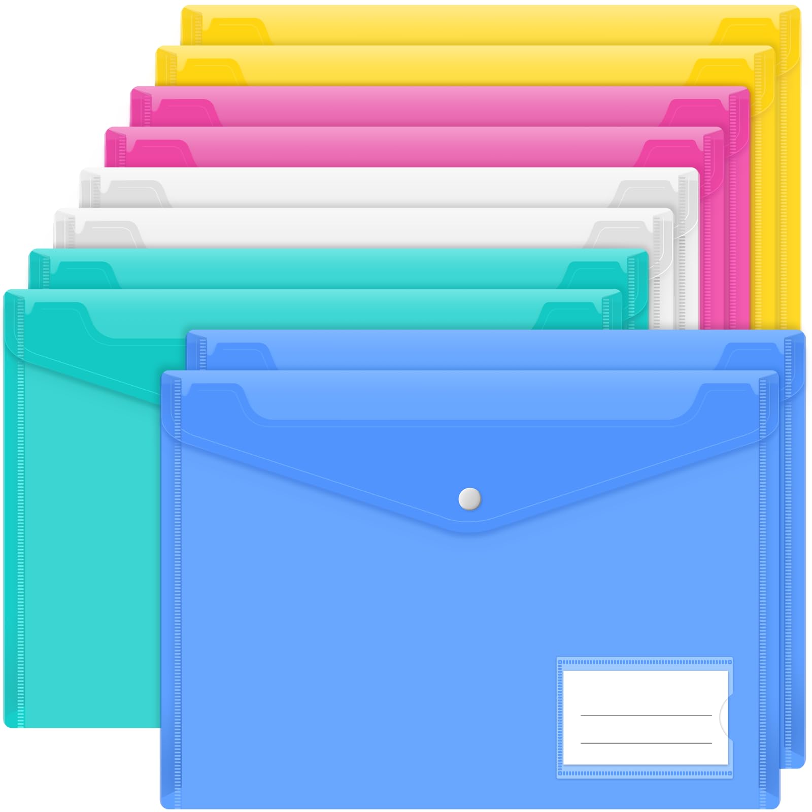 Smarpau A4 Plastic Wallets - 10 Pack Document File Folders with Label Pocket and Button Closure for School, Home, Office, Travel (5 Assorted Colours)