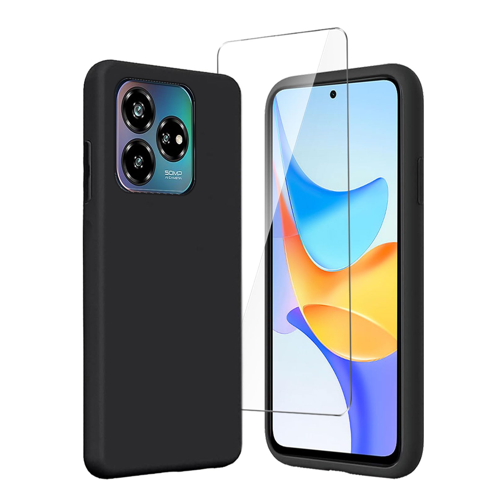 LYZXMY Case for Infinix Smart 8 / Infinix Hot 40i + 1 x Tempered Film Glass Screen Protector - Black Silicone Soft TPU Cover Shell for Infinix Smart 8 / Infinix Hot 40i (6.6")