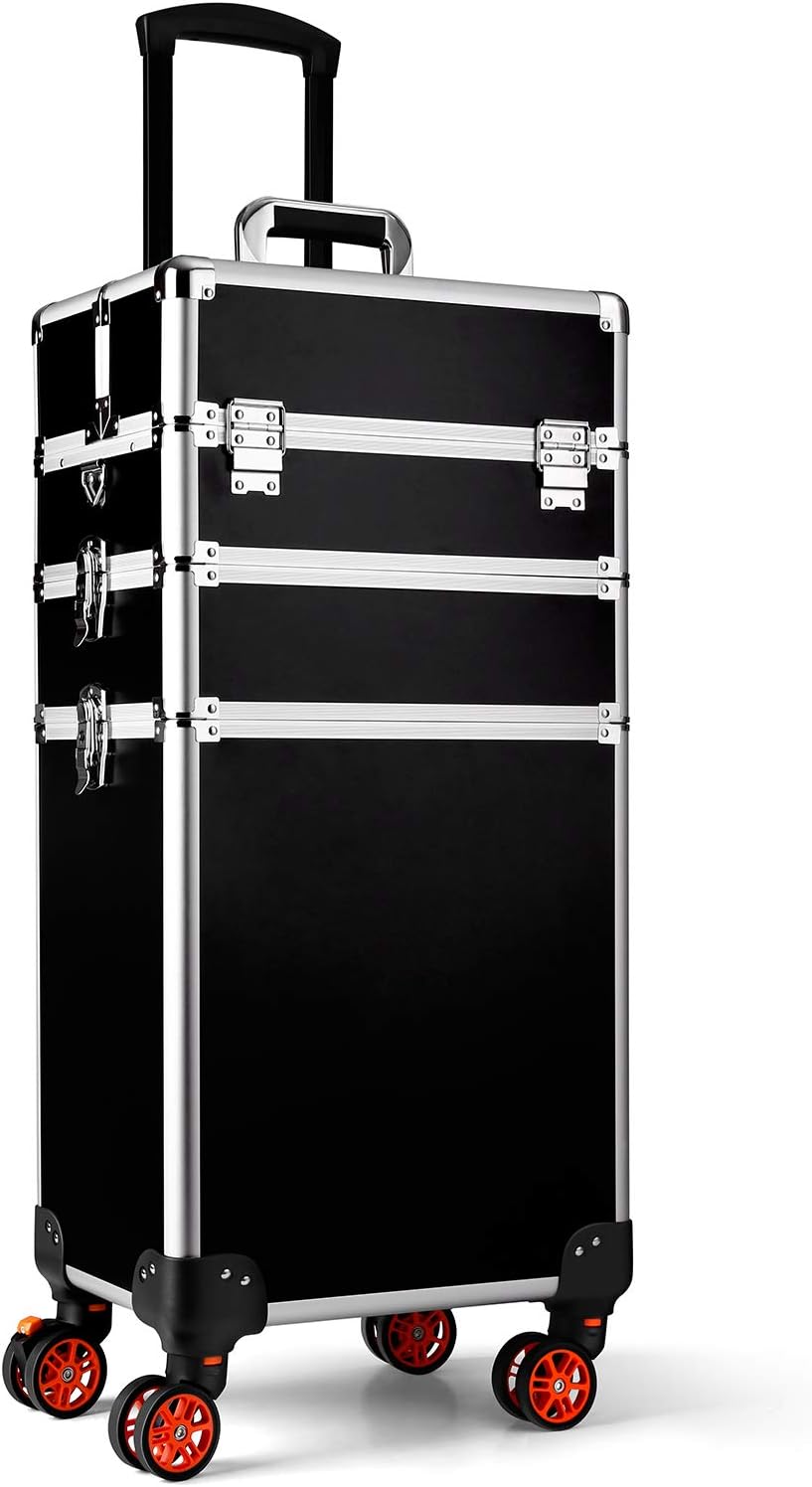 INTEY Professional Makeup Train Case 3 in 1 Cosmetic Organizer Lockable Makeup Cases with 4 Wheel Trolley