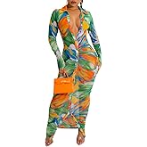 Women's Sheer Mesh Long Sleeve Bodycon Midi Dress Club Night Out Dresses Beach Cover Up Dress