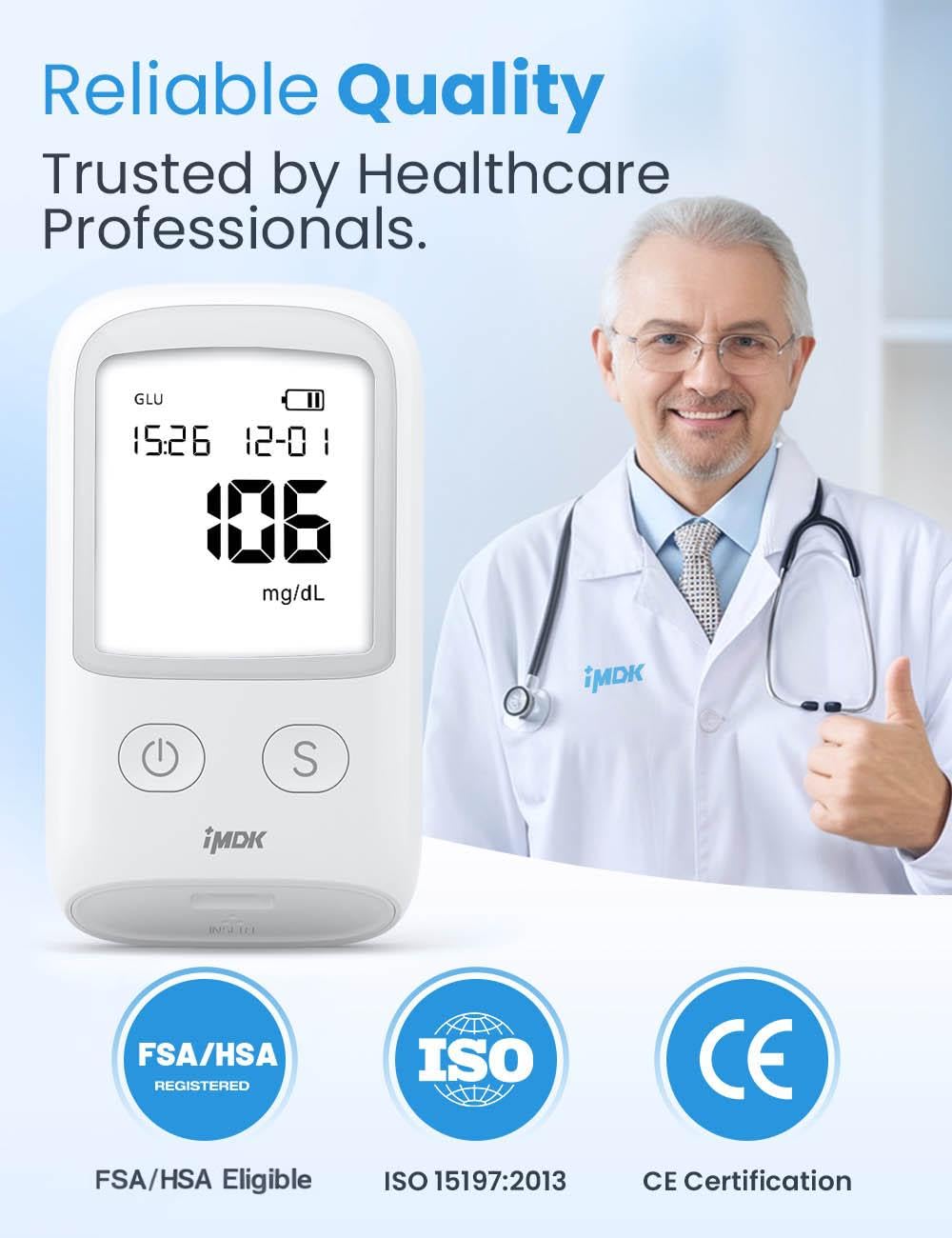 IMDK Blood Glucose Monitor Kit, 𝗖𝗹𝗶𝗻𝗶𝗰𝗮𝗹𝗹𝘆 𝗔𝗰𝗰𝘂𝗿𝗮𝘁𝗲 Blood Sugar Test Kit with 100*Glucometer Strips, 100*Lancets, 1*Lancing Devices, No Coding Required