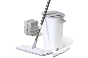 TODAYGO Wall Floor Mop Kit: Long Handle Scrubber with Wringer Bucket Washable Microfiber for Kitchen Bathroom & Hardwood - Women’s All-Purpose Cleaning Tools