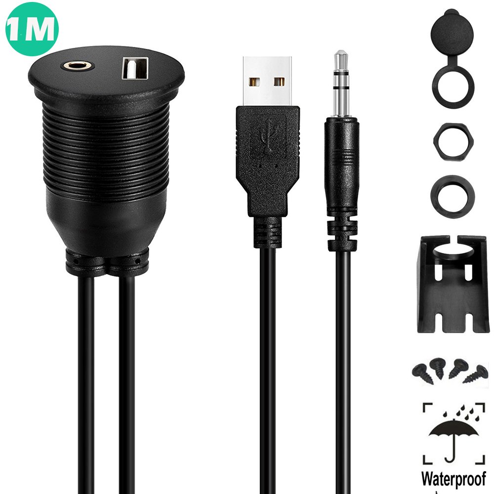 USB Flush Mount Car Cable - POWERbeast 1M/3.3ft USB 2.0 and 3.5mm Aux Extention Flush Mount/Dash Panel Mount Cable for Car Boat or Motorcycle and Motorized DVD Receiver (1M/3.3FT)
