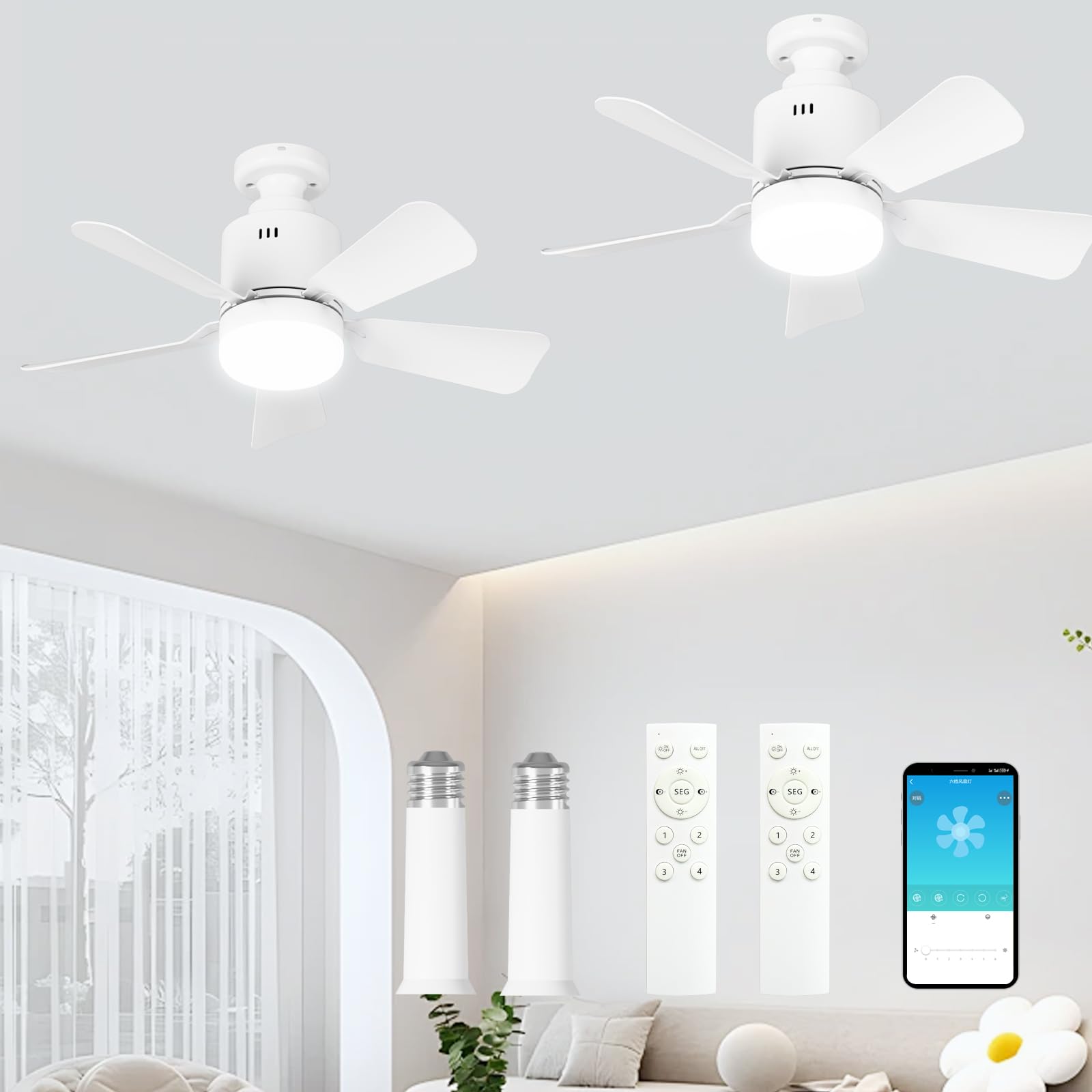 Photo 1 of LANMEL 2 Pack Socket Fan Light with Remote & APP, 17.7'' Socket Breeze Ceiling Fan with Socket Extender, 3 Colors LED Light Bulb, Screw in Small Ceiling Fan for Bedroom Living Room Kitchen Garage