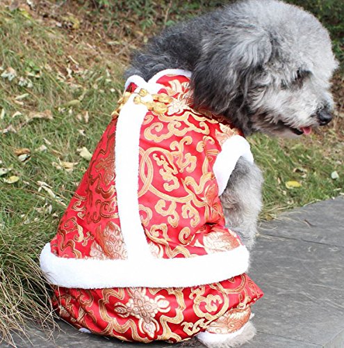 Pet Dog Peony Tang Style Costume Pet Dog Clothes Winter New Year Joyous Clothing Teddy Four Legs Satin Chinese Style Coat (M, Red)