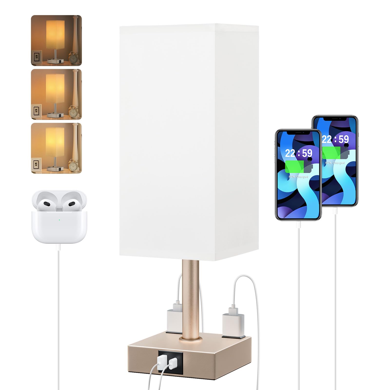 Antique White Touch Table Lamp - Mochaca Gold Bedside Lamp with USB A + Type C Charging Ports and two AC Outlets, Small Night Stand with E26 LED Bulb, Desk Light for Bedroom Living Room Office Dorm Image