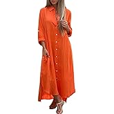 utcoco Summer Dresses for Women 2025 Casual Loose Split Long Sleeve Button Down Maxi Shirt Dress