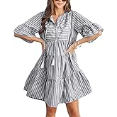 chouyatou Women's Summer Trumpet Sleeve Striped Dress Tiered Boho Beach Midi Long Cute Babydoll Dress