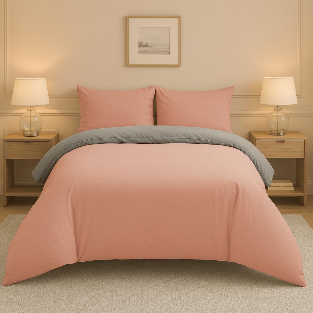 Lions Plain Dye Bedding, Single Duvet Cover Set with Pillowcase, 2 Piece Ultra Soft Reversible Quilt Covers, Microfiber Premium Quality, 137x200cm, Blush Pink Grey