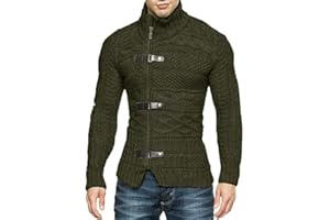 Karlywindow Men's Cable Knitted Oplique Zip Button Front Long Sleeve Cardigan Sweater