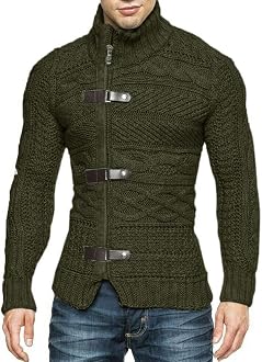 Karlywindow Men's Cable Knitted Oplique Zip Button Front Long Sleeve Cardigan Sweater