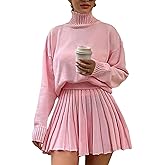 Jenisso Women's 2 Piece Outfits Turtleneck Long Sleeve Oversized Pullover Sweaters and Pleated Mini Skirt Two Piece Sets