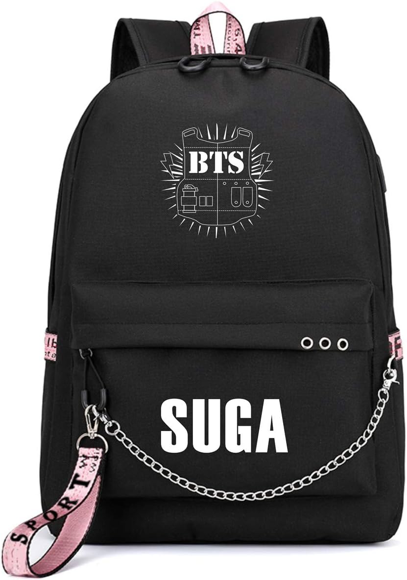 Unisex Korea-Pop Words Printing Backpack USB Charging Laptop Backpacks Travel School Canvas Bags Korea-Pop Nice Gift for Men Women Teen Black