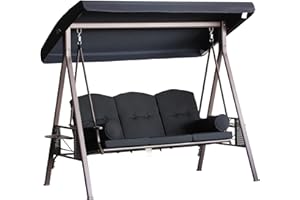 Outsunny 3-Seat Patio Swing Chair, Outdoor Porch Swing Glider with Adjustable Canopy, Removable Cushion, Pillows and Side Trays, for Garden, Poolside, Backyard, Black