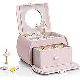 VLANDO 2 Layer Girls Musical Jewelry Box with Ballerina and Large Drawers | Rotating Dancer Plays Canon Melody, Top Dividers Store Rings and Small Treasures, Half-Moon Design, Birthday Christmas Gift