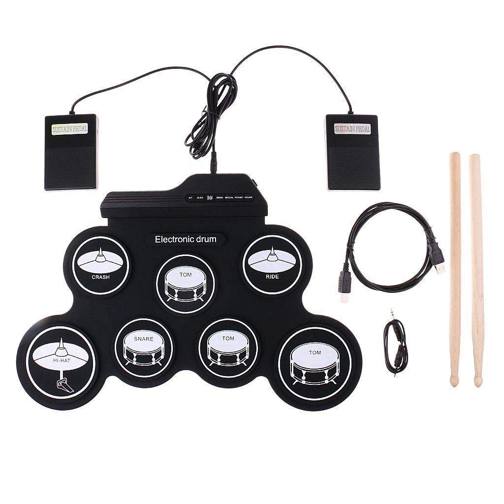 Yangers Electric Drum Kits for Children Beginners, Portable Digital Electronic Silent Foldable Roll Up Drum Set Pads Practice with 2 Foot Pedals and 2 Sticks headphone jack for Kids Boys Girls Starter
